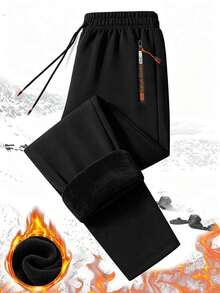 Men's Velvet Lined Straight Leg Sweatpants, Elastic Drawstring Waist With Zipper Pockets, Winter Warm Outdoor Casual Sports Pants - Black - View 1