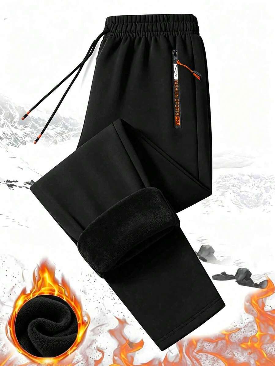 Men's Velvet Lined Straight Leg Sweatpants, Elastic Drawstring Waist With Zipper Pockets, Winter Warm Outdoor Casual Sports Pants - Black - View 1