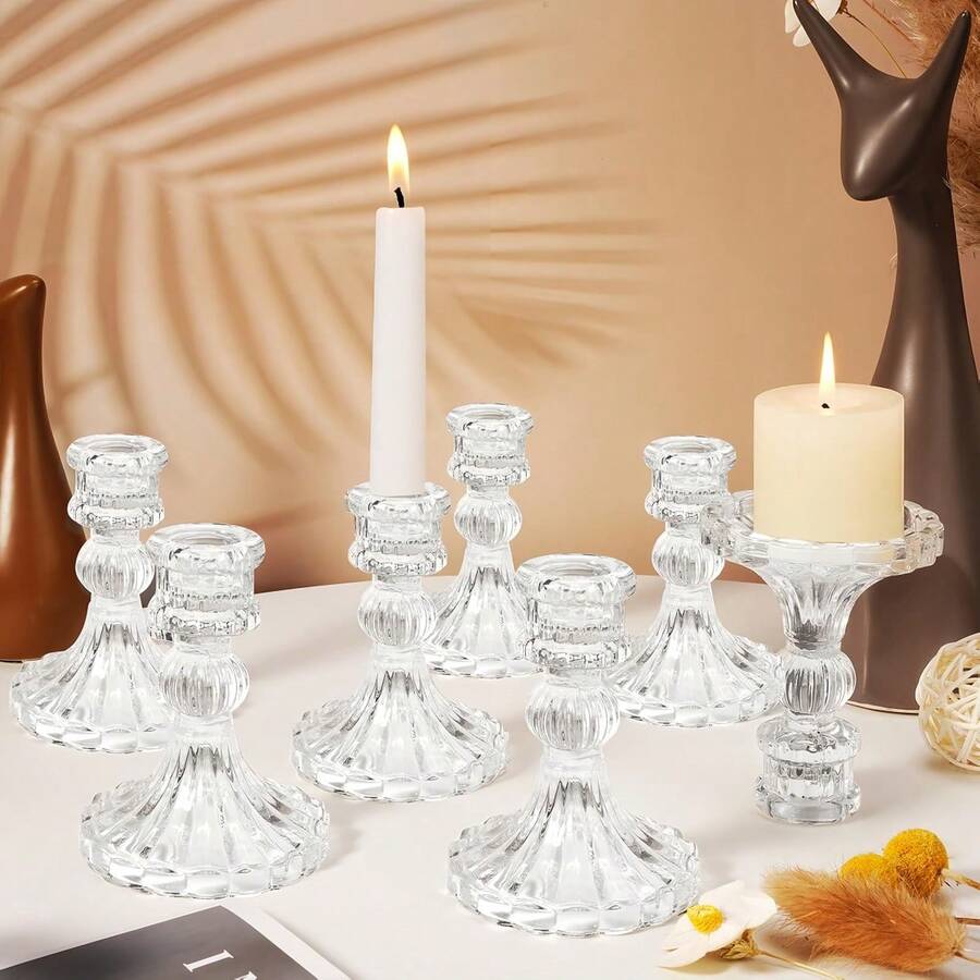 4 Clear Glass Candlestick Holders, Vintage Embossed Crystal Glass Candlesticks, Candlestick Set, Crystal Taper Candle Holders, For Dining Table, Wedding, Party, Church Decor, Home Decor - A-Transparent - View 1