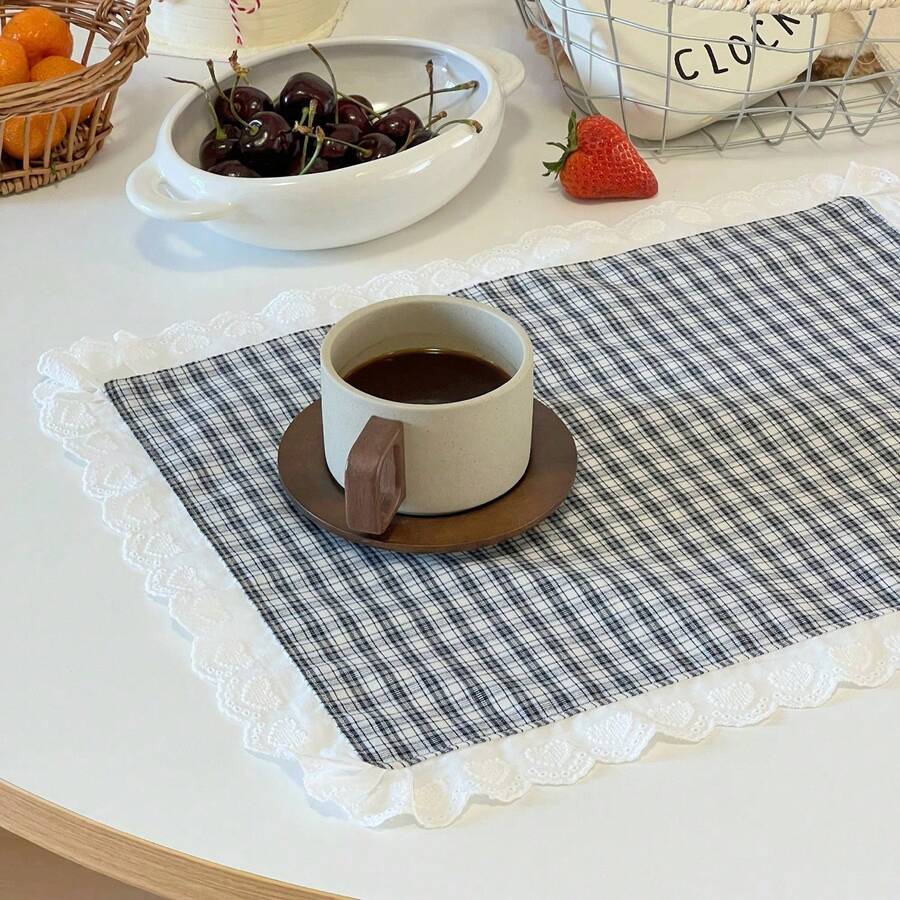 1pc/2pcs/4pcs Korean Style Heart Lace Trim Plaid Placemats, Vintage Checkered Fabric Table Mats, Home Afternoon Tea INS Style Table Decor Mats - Multicolor - View 1