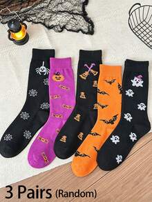Random 3 Pairs Halloween Crew Socks For Women, Cute Ghost Pumpkin Bat Spider Web Candy Printed Mid‑Calf Socks, Fall Halloween Festival Casual Socks - Multicolor - View 7
