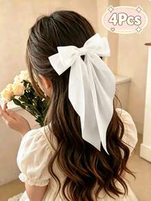 4Pcs Kids Girls Satin Large Bow Hair Clips Solid Color Long Ribbon Design Hair Barrettes Sweet Style Hair Accessories For Daily Party Holiday - White - View 6