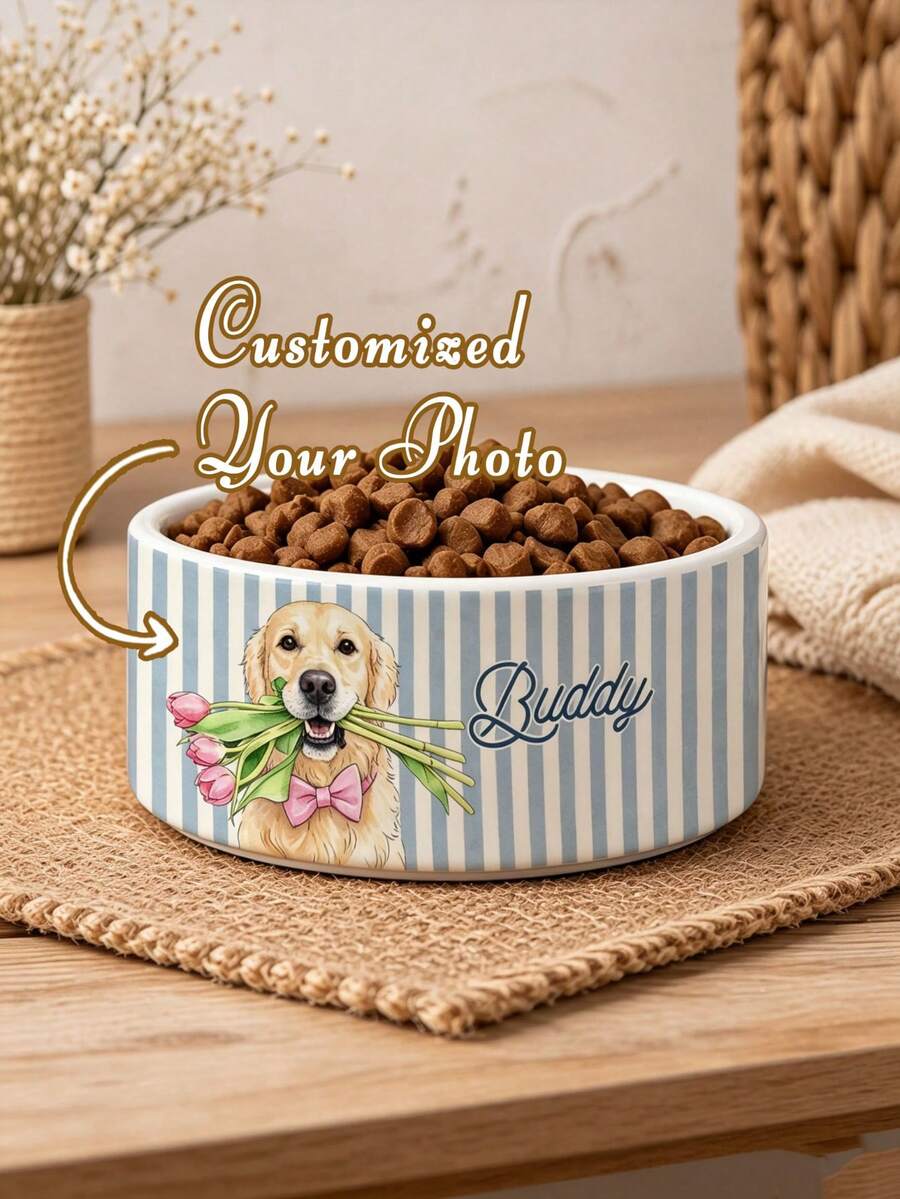 Personalized Custom Name Ceramic Pet Bowl, Cartoon Pet Portrait Print Dog & Cat Food & Water Bowl, Non-Slip Pet Feeding Bowl, Custom Pet Accessories Gift, Suitable For Puppies & Kittens - Multicolor - View 1
