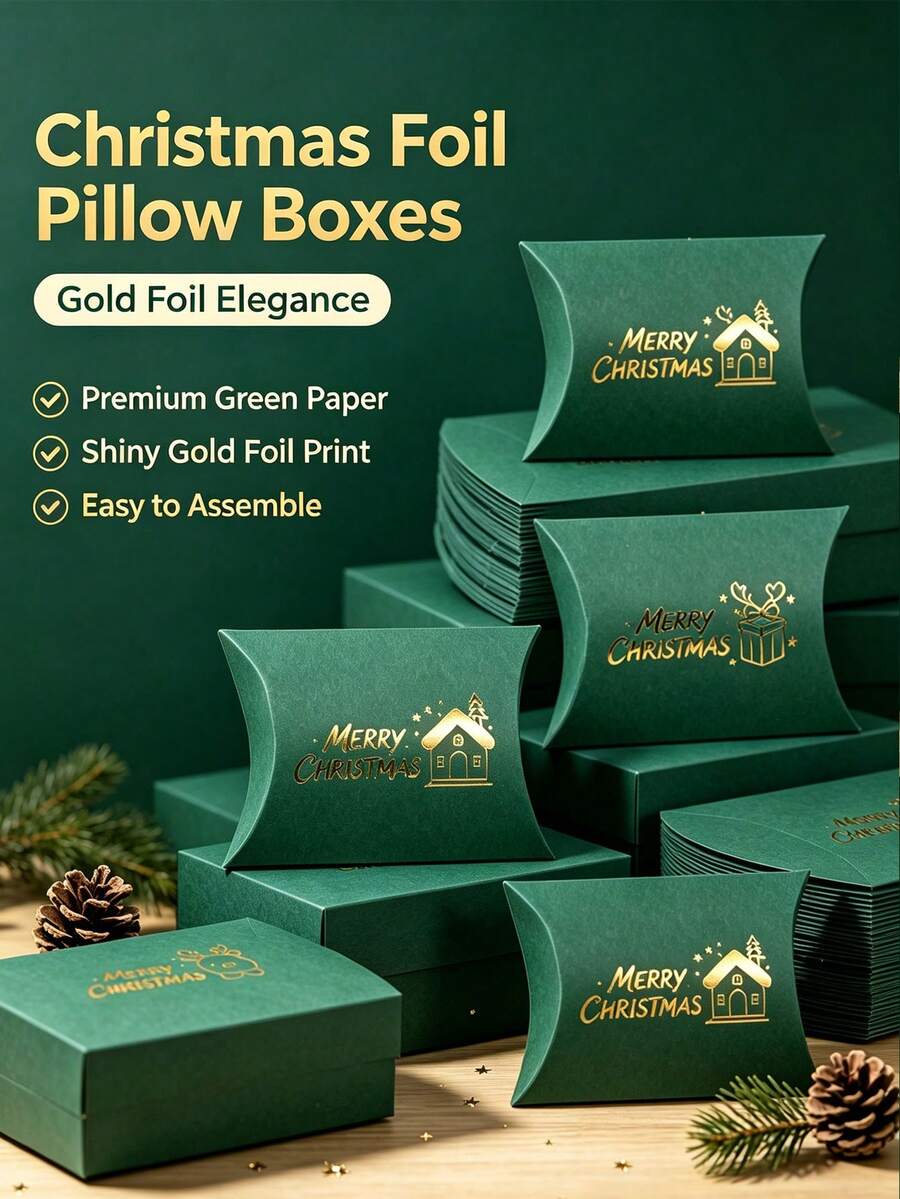 12PCS/Christmas Pillow Gift Boxes, Gold Foil Hot Stamping Xmas Candy Treat Boxes, 4.53*2.76 Inch Green Paper Favor Boxes, 6 Assorted Patterns For Christmas Party Small Gift Cookie Packaging - View 1