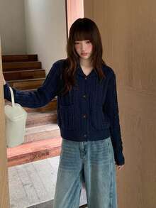 Autumn/Winter Soft & Sweet Knitted Sweater, Retro Cable Knit High-Quality Pullover For Women - Navy Blue - View 9