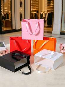 1/5pcs Colorful High-Quality Gift Paper Bags With Satin Ribbon Handles, Suitable For Valentine's Day, Wedding, Birthday, Christmas, Anniversary And Business Occasions (Large, Medium And Small) - White - View 6