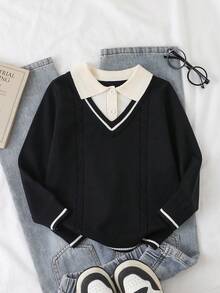 Baju Rajut Anak Laki-Laki Model Modis dengan Kancing, Warna Kontras, dan Motif Tali Kepang Hitam & Putih, Sweater Modis Potongan Longgar - Hitam - View 2