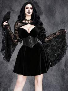 Women's Sexy Gothic Halloween Witch Costume: Deep V-Neck Stretch Velvet Dress With Lace Patchwork And Attached Cape - Black - View 2