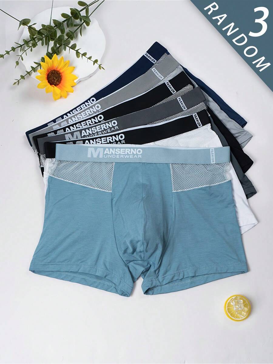 [Men's Boxer Briefs] 3pcs/Pack Random Men's Modal Mesh Patchwork Breathable Boxer Briefs, High Elasticity Durable Waistband, Soft Skin-Friendly, Suitable For Sports, Home, All Seasons