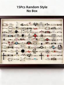 15/25Pcs/Lot Vintage Punk Colorful Stones Men Women Rings Spider Skeleton Bat Random Styles Festival Party Gifts For Friends Daily Wearing Accessories - Vintage Black Stone Flower Gun Black Punk Ring - View 9
