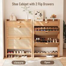 Slim Rattan Shoe Storage Cabinet, Freestanding Hidden Footwear Organizer Rack Holder With Two Flip Drawers And Top Fence For Entryway Hallway Closet, Boho Modern Style, Natural Oak - 47" Natural Oak - View 5