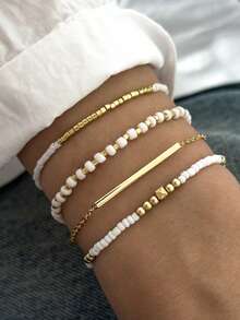 4pcs Bohemian Style Elastic Beaded Bracelets CCB Rice Beads Single Strand Bracelet Minimalist Fashion Personalized Beach Style Hand Jewelry For Women (Mixed Rice Beads, Non-Positioned) - Gold - View 1