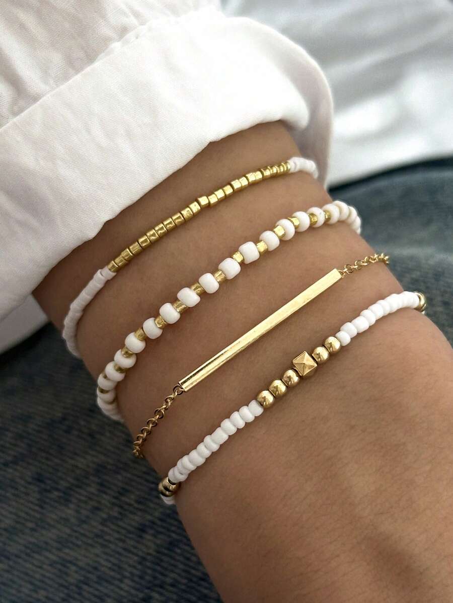 4pcs Bohemian Style Elastic Beaded Bracelets CCB Rice Beads Single Strand Bracelet Minimalist Fashion Personalized Beach Style Hand Jewelry For Women (Mixed Rice Beads, Non-Positioned) - Gold - View 1
