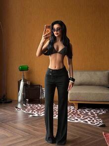 Celana Panjang Wanita Model Lebar Bahan Rajut Hitam, Elastis Sedang, Cocok untuk Pemakaian Sehari-hari - Hitam - View 1