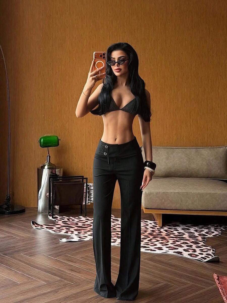 Celana Panjang Wanita Model Lebar Bahan Rajut Hitam, Elastis Sedang, Cocok untuk Pemakaian Sehari-hari - Hitam - View 1