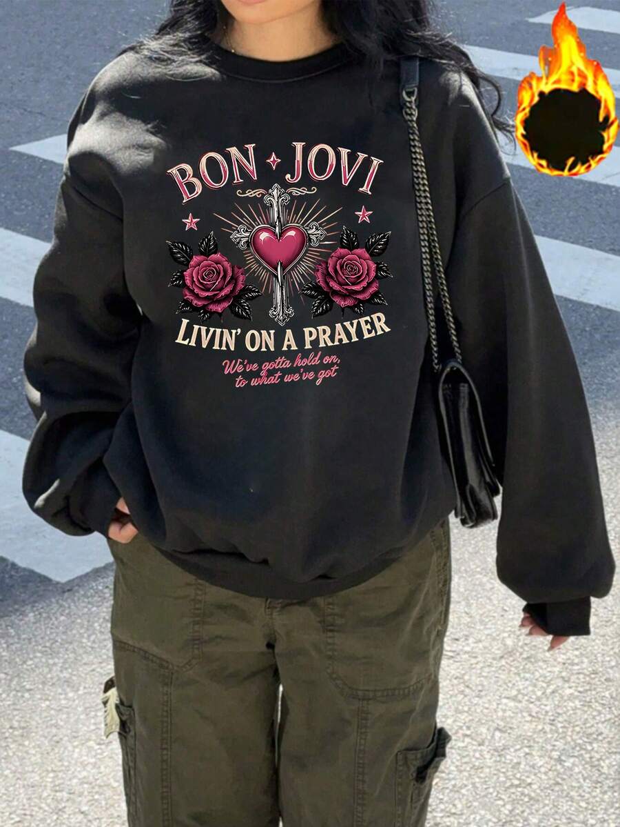 1PC Custom Bon Jovi Livin On A Prayer Print Graphic Fleece Sweatshirt For Women - Black - View 1