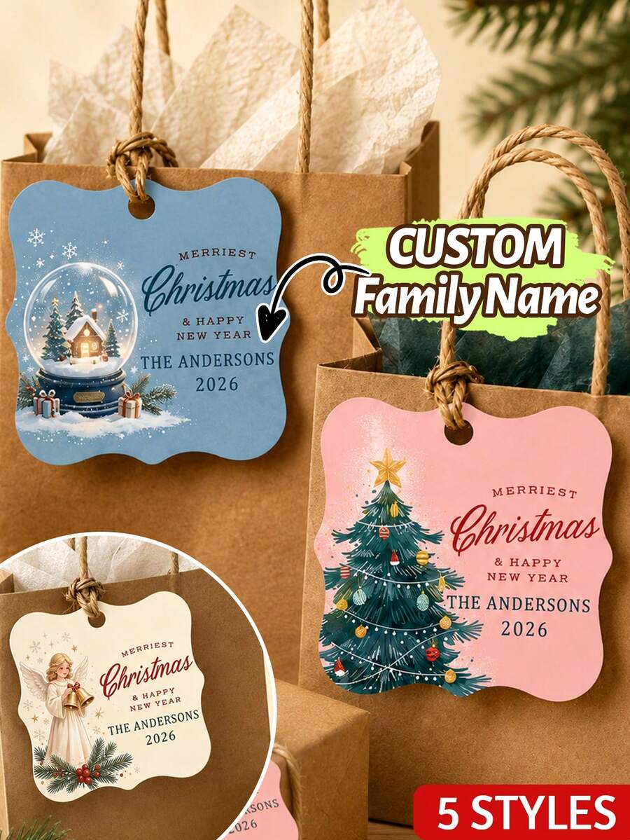 LICVIC Custom Christmas Gift Tags With Family Name, Personalized Holiday Greeting Card Tags, Cozy Winter Christmas Decor, Customized New Year Gift Labels, Customizable Hanging Present Tags, Christmas Party Decor, Holiday Gift Wrap Accent, Home Decor - Style E - View 1