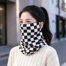 1pc Black & White Plaid Face Sun Protection Neck Gaiter With Earring Loops, Face & Neck Protection, Elastic Soft Warm Winter Scarf/Mask, Suitable For Cycling, Motorcycle Riding & Outdoor Activities - Black and White - View 6