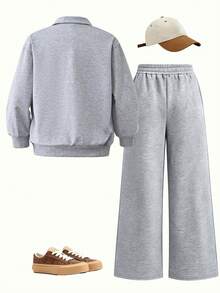 Setelan Olahraga 2 Potong Gaya Jalanan untuk Anak Perempuan, Sweatshirt Kerah Setengah Resleting dengan Cetakan Huruf & Celana Jogging Lebar, Musim Semi/Gugur - Grey - View 3
