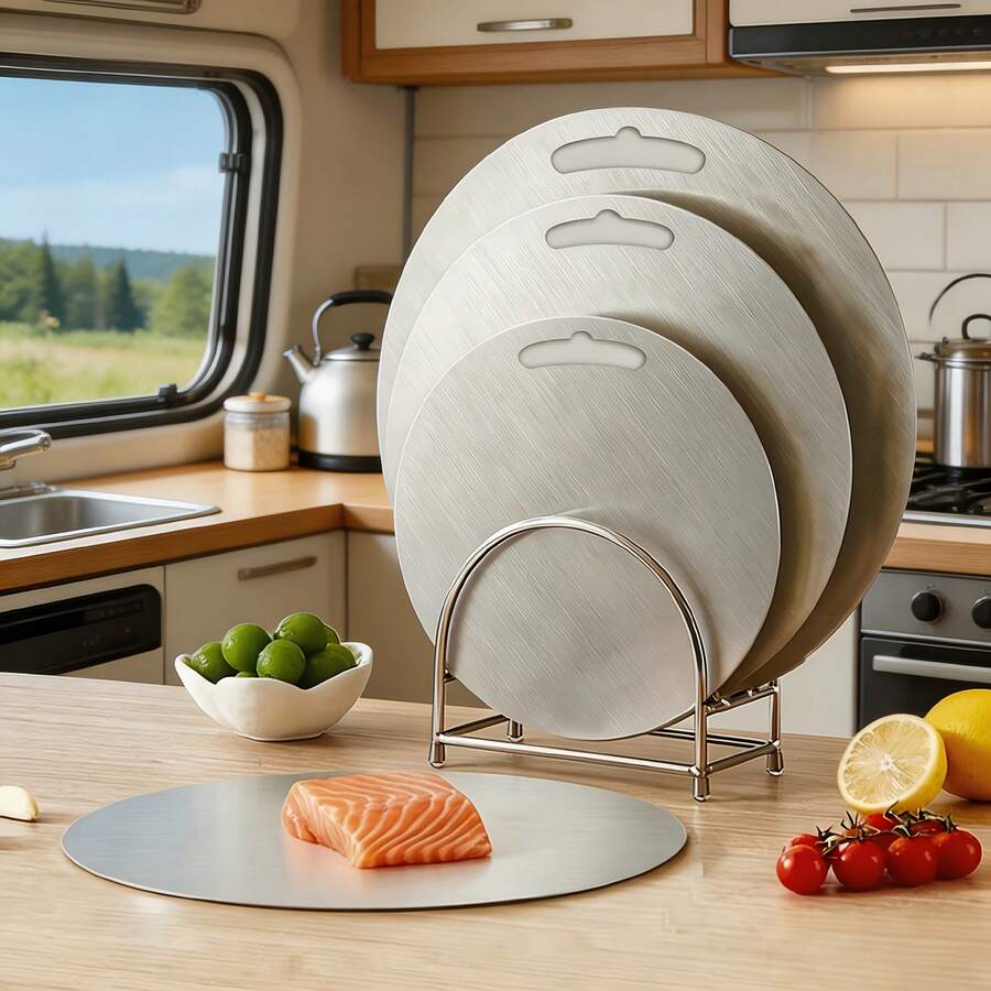CINEYO 1PC 2026 Circular Kitchen Cutting Board, Pure Titanium Kitchen Knife Board, Cutting Board, Essential Kitchen Item, Kitchen Accessories, Silver-Gloss Surface, Suitable For Meat, Vegetables And Fruits, Home Kitchen, Camping In The Wilderness