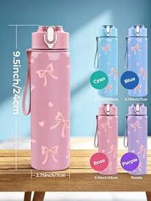 1/5Pcs 25oz Plastic Water Bottle, Sweet Pink Ribbon Bow Knot Heart Allover Print, Flip-Top Portable Leak-Resistant Drink Cup With Lanyard, Fit For Commute Office Gym Short Trip, Thoughtful Gift For Close Friends Relatives For Daily Use - Light Pink With Bow - View 6