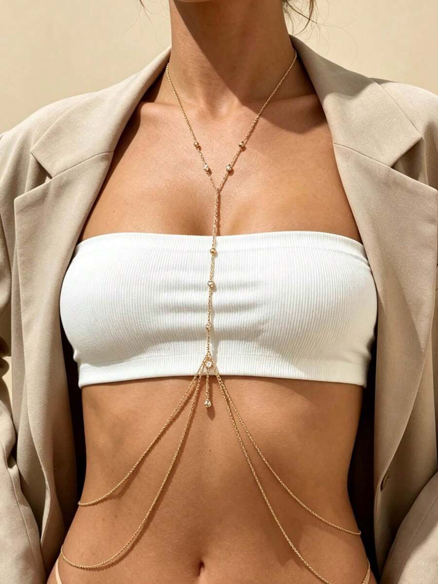 1pc Sexy Women's Body Chain, Multi-Layer Rhinestone Cross Bikini Bra Body Jewelry, Summer Beach Vacation Crystal Navel Waist Chain, Party Essential X-Shaped Waist Chain (Material Is Iron, Please Do Not Touch Water To Avoid Rusting) - Nine Gold Rhinestones - View 1