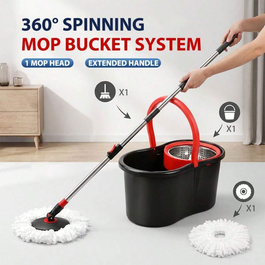 Mops & Bucket Sets,360° Swivel Mop Kit With 1 Fiber Mop Heads, And Stainless Steel Adjustable Handle,For Home Office Floor Cleaning - Black - View 1