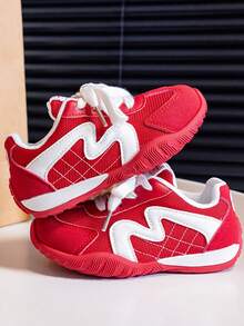 Kids Gray Yellow Color Block Mesh Sneakers Breathable Lace Up Non-Slip Outdoor Walking Shoes - Red - View 2