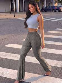 Quần legging ống loe ôm dáng gân sọc màu trơn nữ, phong cách thường ngày cho mùa xuân thu - Màu xám đen - Xem 1