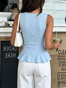1pc Solid Color Knit Fabric Ruffle Trim Casual Top, Summer - Sky Blue - View 7