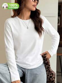 Women's Round Neck Long Sleeve T-Shirt, Slim Fit Regular White Basic Casual T-Shirt - White - View 4