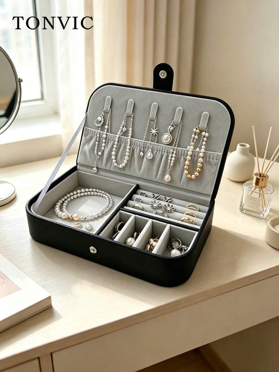 TONVIC 1PC Portable PU Jewelry Box For Bracelet, Necklace, Earring, Ring Storage - Black - View 1