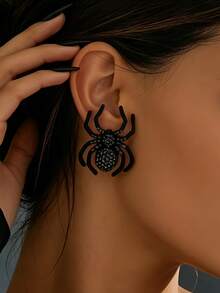 1 Pair Women's Exaggerated Full Rhinestone Black 3D Spider Stud Earrings, Dark Gothic Style, Suitable For Halloween Costume Party Wear - Black - View 3