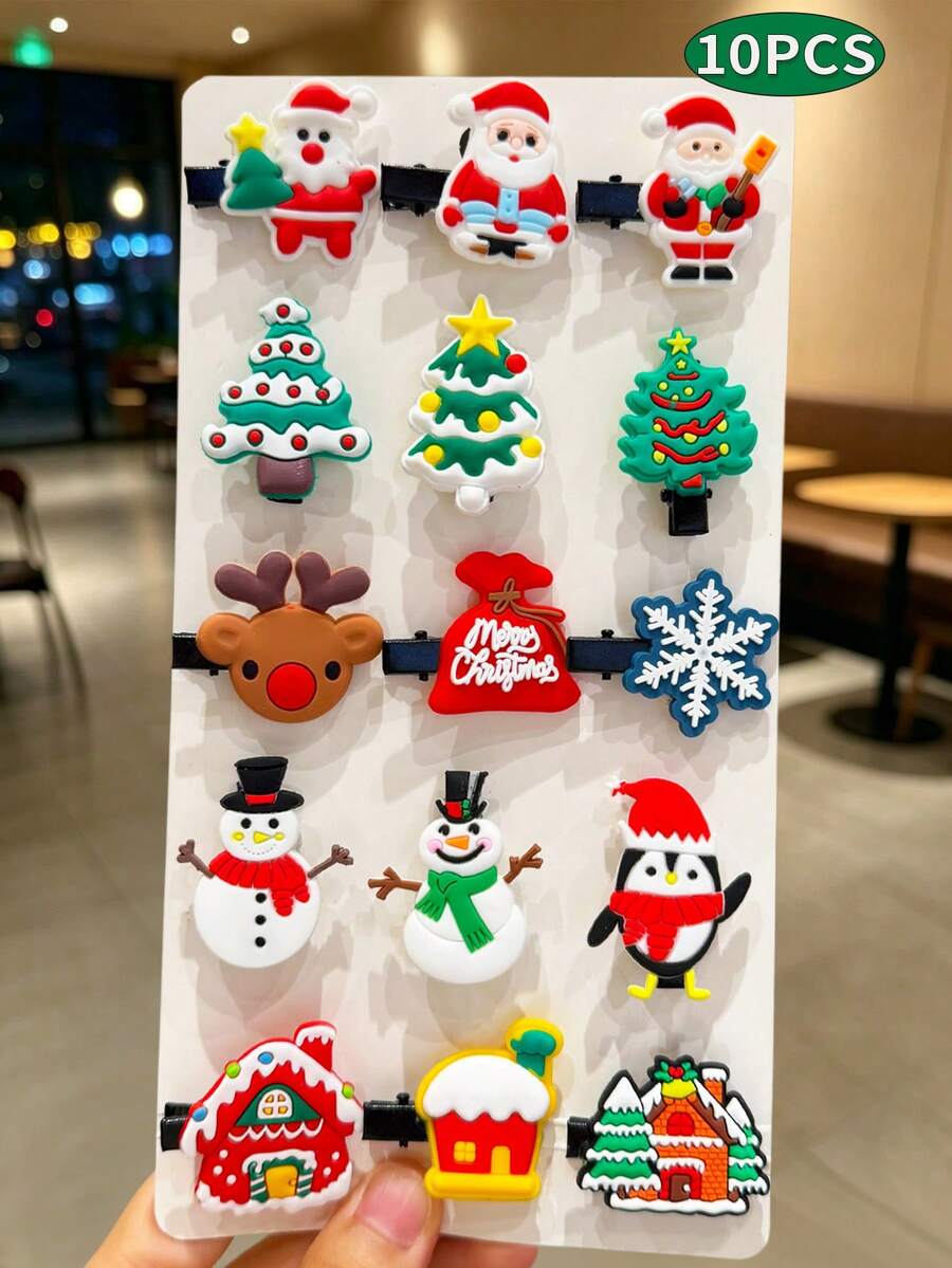 10pcs/Set Kids Christmas Cute Hair Accessories Girls Side Hair Clips Bangs Clips Santa Claus Hair Clips Accessories (Random Color) - Multicolor - View 1