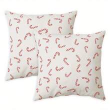 2PCS Christmas Pillowcase, White Base With Red Striped Candy Cane Pattern Decorative Cushion Cover, Winter Holiday Christmas Home Decor Pillowcase, Suitable For Sofa, Bedroom, Living Room Single Side Without Pillow Core - Multicolor - View 1
