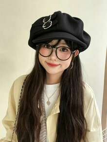 Women's Coffee Bear Leather Buckle Cloud Hat Newsboy Hat Beret Autumn And Winter Versatile Warm Octagonal Baseball Cap Suitable For Daily Use - Multi-color - View 5