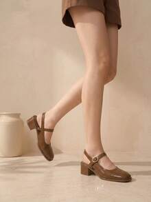 Sepatu Mary Jane Wanita ZPWZ Warna Emas Muda Berkilau dengan Hiasan Logam Cermin, Cocok untuk Perjalanan Musim Semi, Kencan, Pesta, Liburan, Sandal Datar Bertali Sederhana, Sandal Hak Tinggi Warna Solid Bergaya Mewah dengan Hiasan Kristal Terbaru untuk Kencan - Coklat - View 2