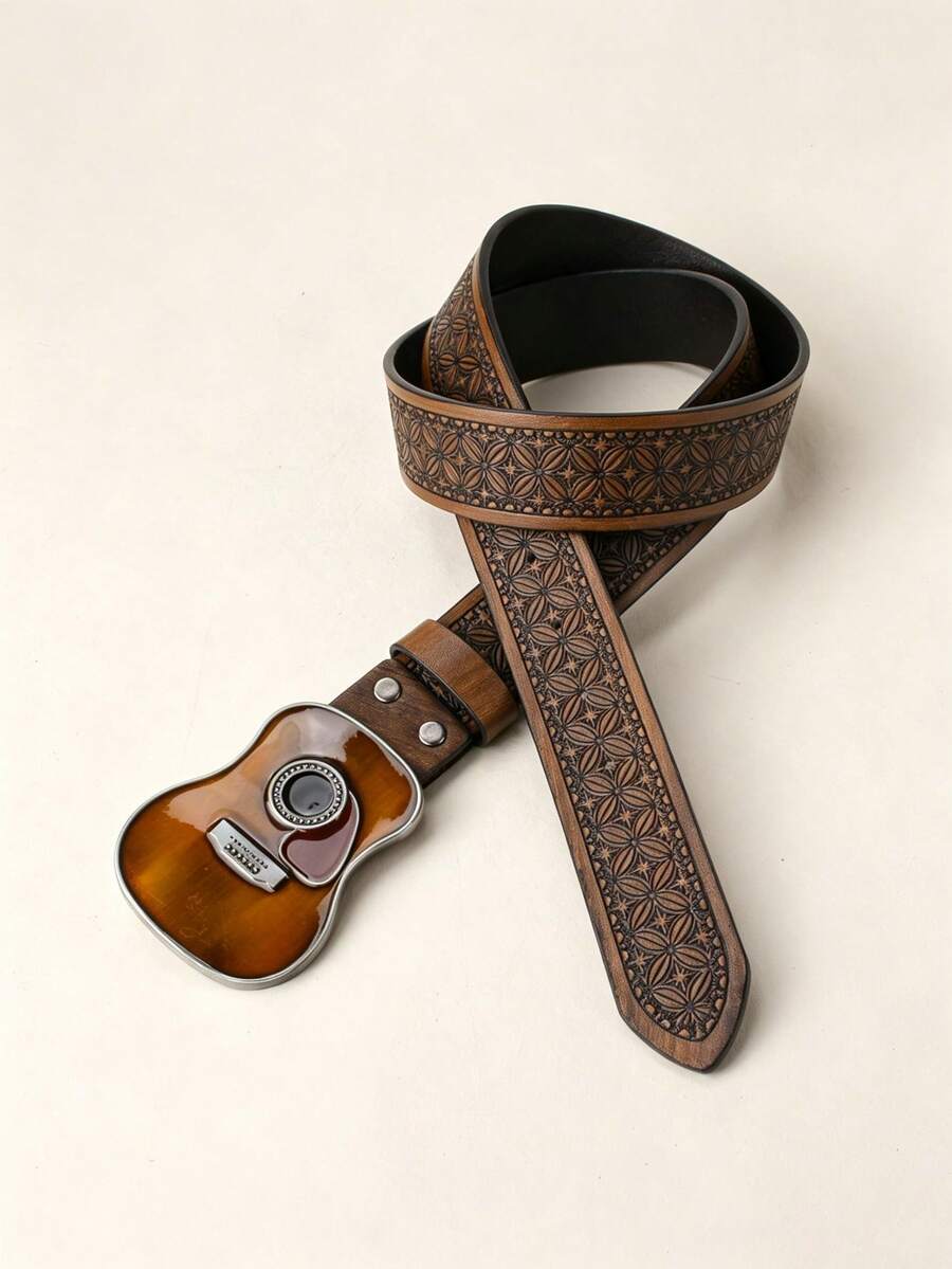 1pc Valentine's Day, Carnival, Halloween, Christmas, Birthday Gift, 3D Guitar Head Buckle Belt, Handmade Embossed Floral Pattern PU Belt - Brown - View 1