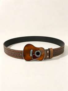 1pc Valentine's Day, Carnival, Halloween, Christmas, Birthday Gift, 3D Guitar Head Buckle Belt, Handmade Embossed Floral Pattern PU Belt - Brown - View 2