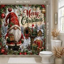 1pc/4pcs Christmas Vintage Faceless Gnome Multi-Function Bathroom Decor Shower Curtain Set, Free 12 Hooks, Premium Holiday Atmosphere, Bathroom Mat, U-Shaped Rug And Round Toilet Lid Cover, Suitable For All Christmas Scenes - Dwarf 8 - View 10