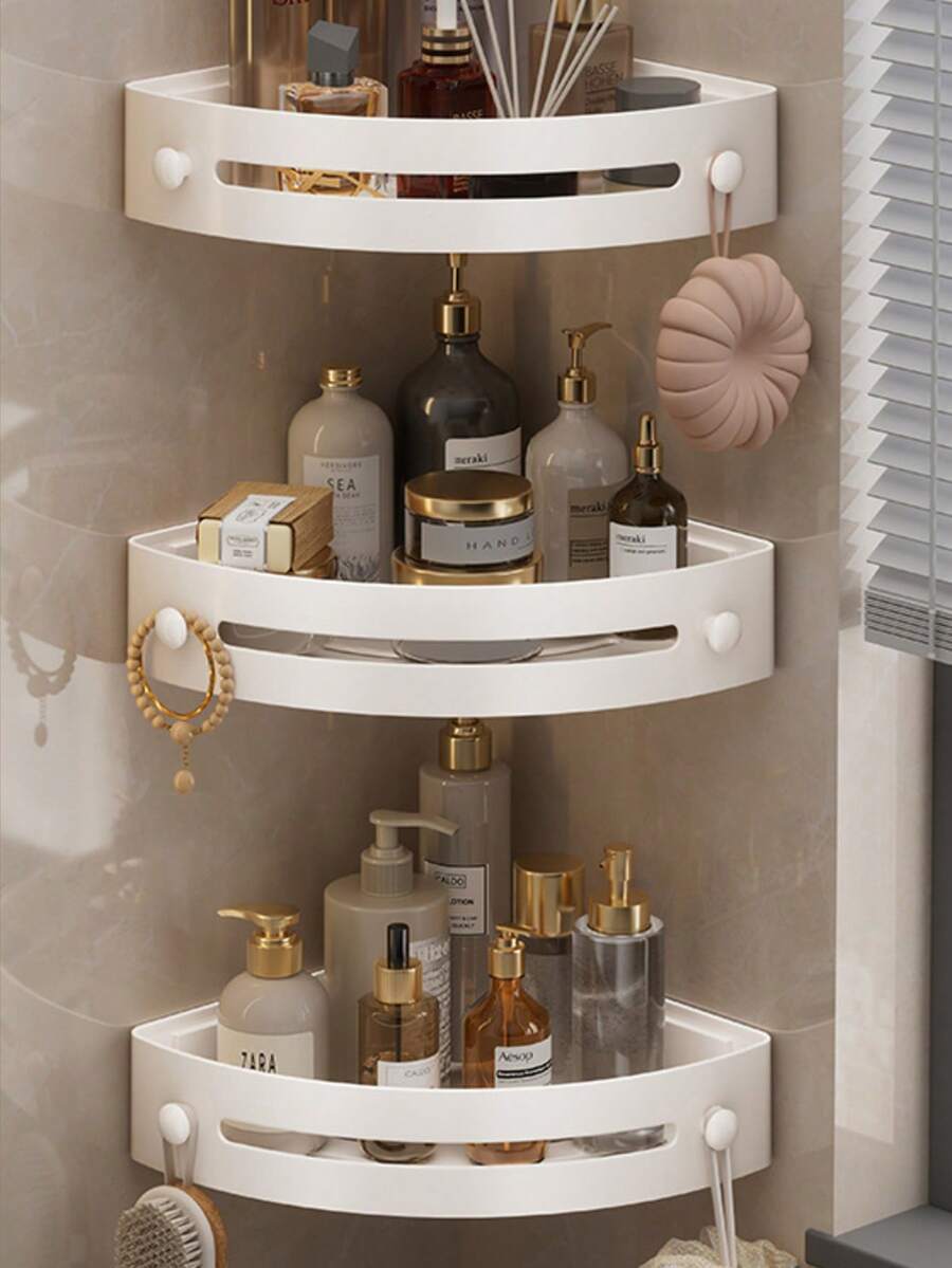 3pcs Rustproof Plastic Corner Shower Caddy - Wall Mounted Bathroom Organizer With Curved Design For Shampoo, Cosmetics, And Toiletries - Space Saving For Small Bathrooms, Perfect For Bathroom Storage And Organization - Cream White - View 1