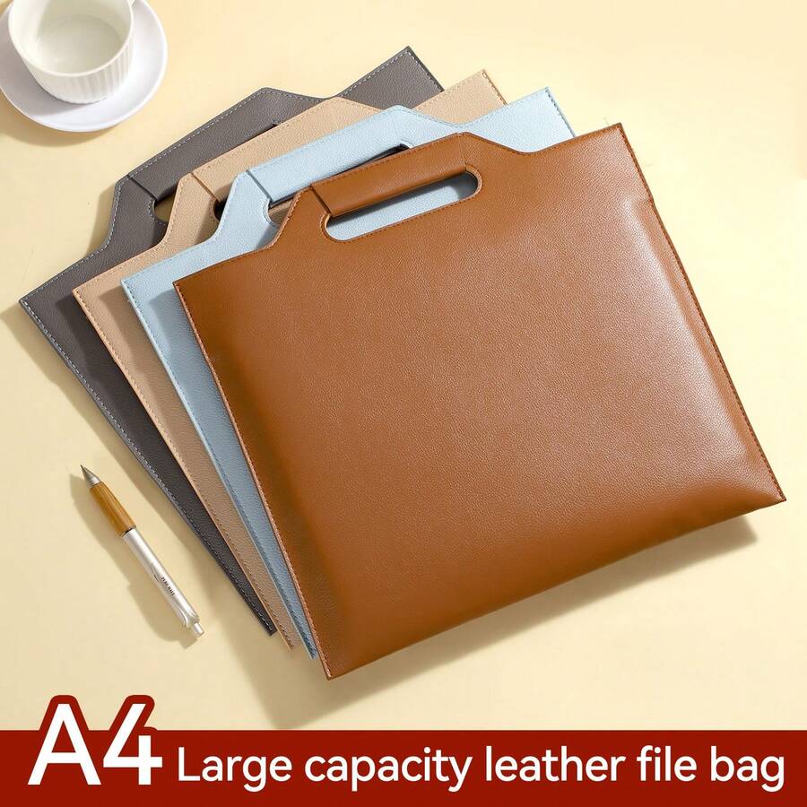 A4 PU Leather Document Holder Portfolio Folder, Large Capacity Handheld Business Briefcase File Organizer For Office School Travel Document Storage - Single Piece - View 1