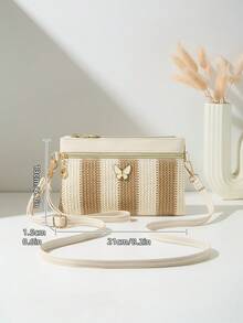Mini Colorblock Butterfly Woven Beach Bag With Wrist Strap, Coin Purse And Shoulder Bag, Women's New Multifunctional Small Shoulder Bag, Cute Square Bag, Suitable For Spring/Summer Beach - Brown - View 2