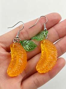 1 Pair Green Leaf & Big Yellow Pomelo Handmade Fun Orange Earrings, Realistic Food Summer Fruit Earrings - Earring - View 2