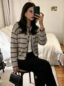 Women Retro Round Neck Contrast Stripe Long Sleeve Sweater Cardigan Color Block Drop Shoulder Sweater–Fall Winter Loose Casual Versatile Fashion - Multicolor - View 9