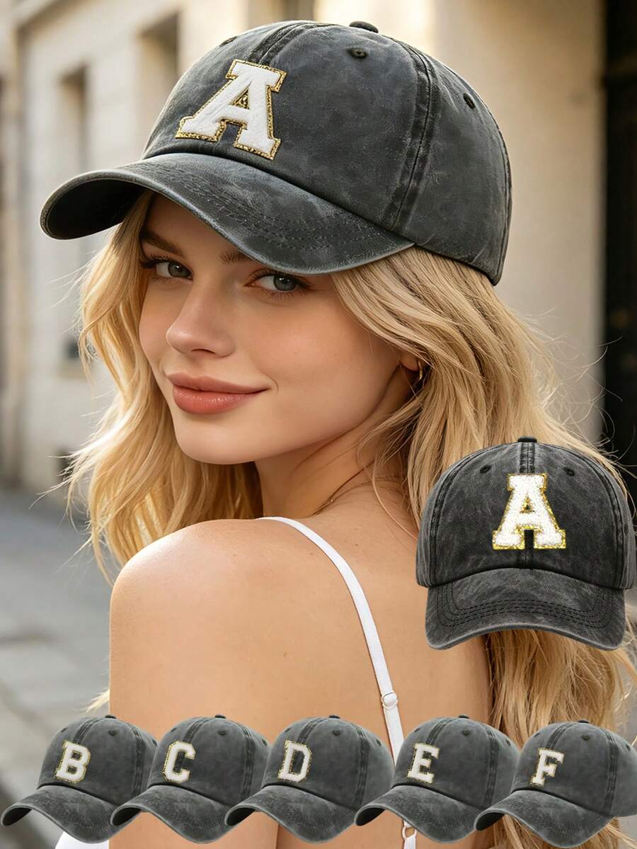 1pc Women Washed Vintage A-Z Letter Baseball Cap, Casual Distressed Dad Hat, Outdoor Sun Protection Hat - Black - View 1