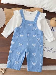 Baby Girl Ruffle Trim Ribbed Long Sleeve Inner Top + All-Over Bow ...