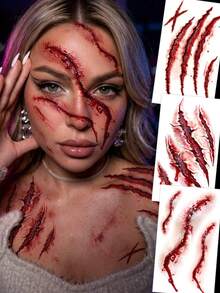 3 Styles Halloween Zombie Scar Temporary Tattoo Stickers, Realistic Bloody Wound Stitch Scar Body & Face Waterproof Tattoo Stickers, Costume Party Prank Makeup Props - Red - View 1