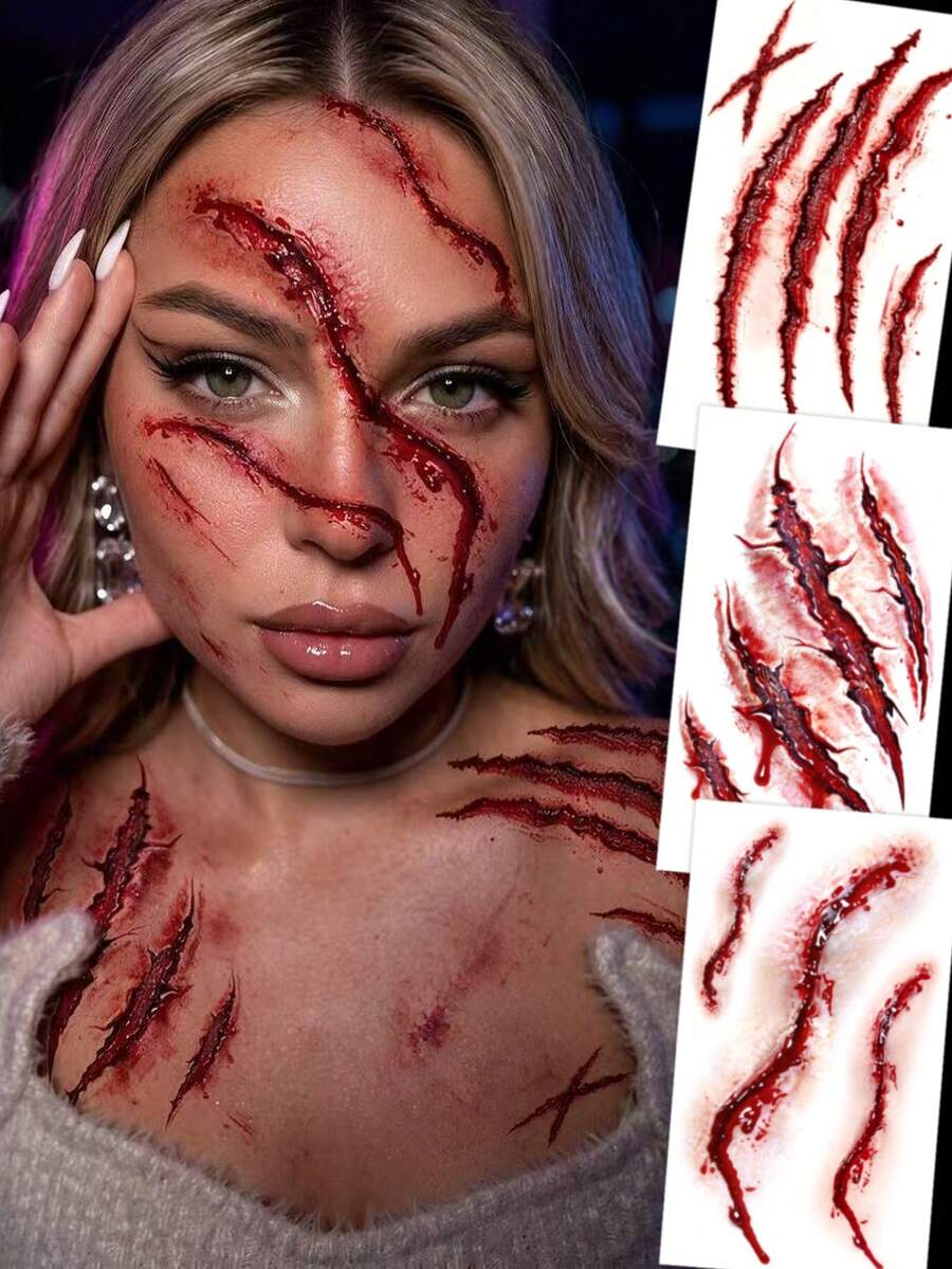 3 Styles Halloween Zombie Scar Temporary Tattoo Stickers, Realistic Bloody Wound Stitch Scar Body & Face Waterproof Tattoo Stickers, Costume Party Prank Makeup Props - Red - View 1