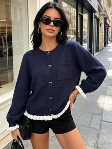 Women's Casual Bow Button Patchwork Contrast Color Pocket Knit Cardigan, Autumn/Winter - Royal Blue - View 7